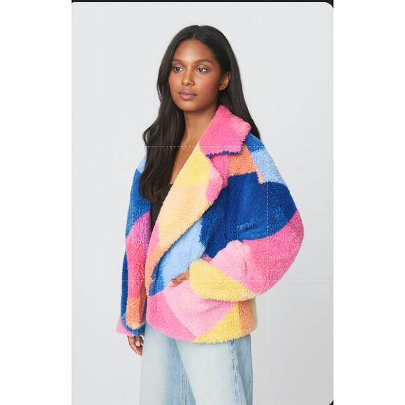 Anthropologie Blank NYC Teddy Sherpa XS Coat Rainbow Patchwork Colorblock Jacket - Picture 5 of 9